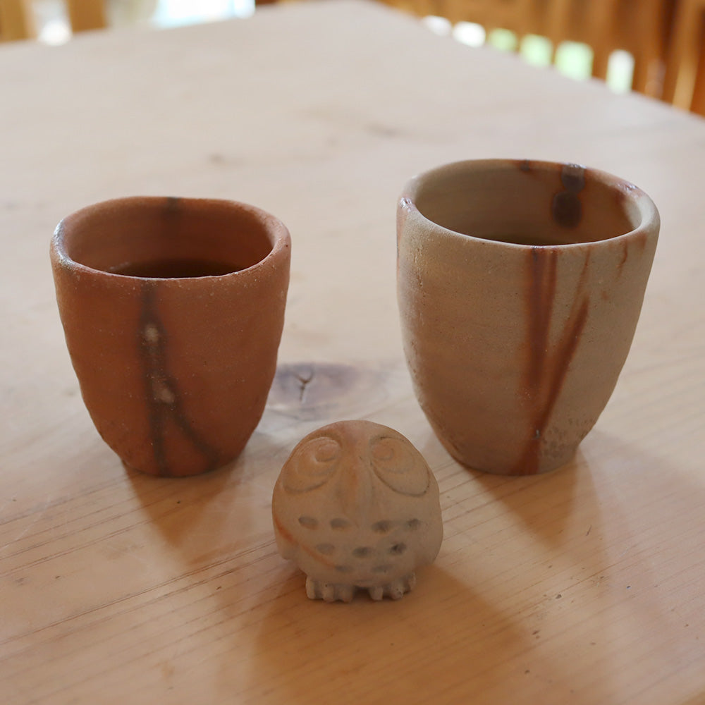 Ogawa Kiln Yunomi Japanese Teacups and Fukuro Owl Figure Set Jumon Pottery