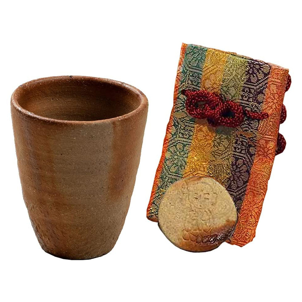Ogawa Kiln Jomon Pottery 4 Amulets with Bag and Beer Tumbler Shochu Cup Set - Bhaisajyaguru Jizo Kannonsama and Fudomyoo