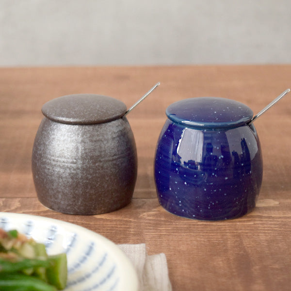 Blue Porcelain Seasoning and Condiment Pot with Spoon - Starry Sky