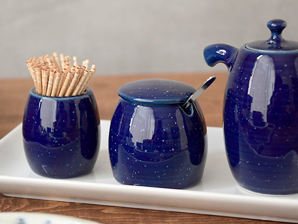Blue Porcelain Seasoning and Condiment Pot with Spoon - Starry Sky
