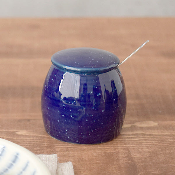 Blue Porcelain Seasoning and Condiment Pot with Spoon - Starry Sky