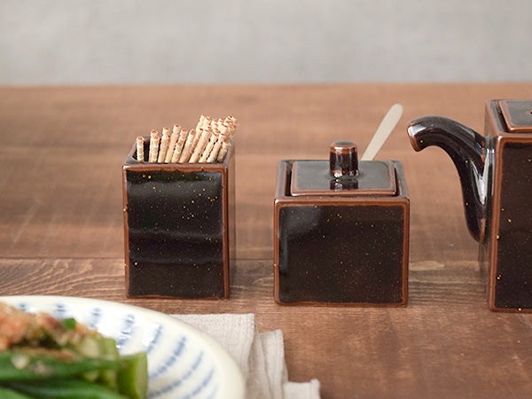 3-Piece Porcelain Brown Condiment Set, Oil and Sauce Dispenser Bottle, Seasoning and Condiment Pot, Toothpick Holder - Tenmoku