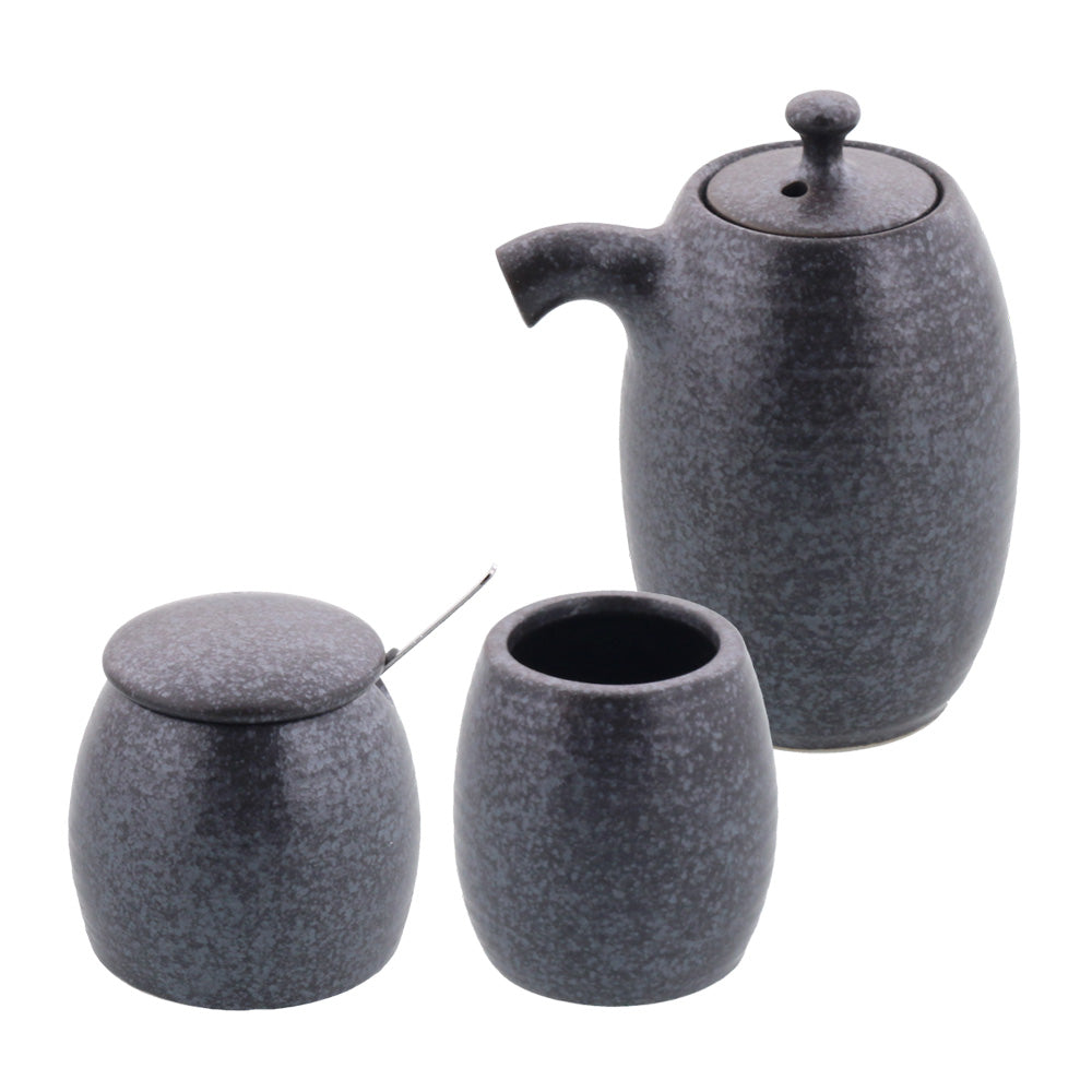 Porcelain Sauce Dispenser Bottle, Condiment Pot and Toothpick Holder Set - Silver/Black