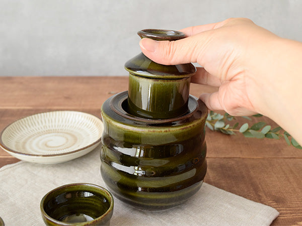 5 oz (150 cc) Sake Bottle (Tokkuri) with Warmer - Olive Green