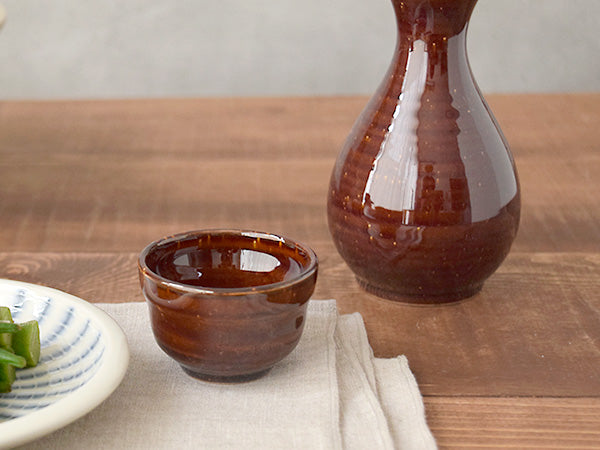 1.5 Ounce Brown Porcelain Sake Cups (Guinomi) Set of 2 - Gold Crystal