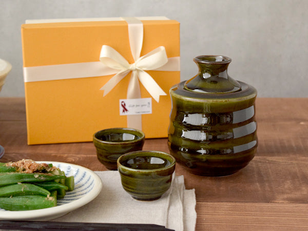 5 oz (150 cc) Sake Bottle (Tokkuri), Warmer and 2 Sake Cups with Gift Box - Olive Green