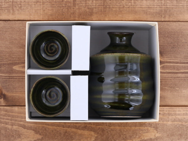 5 oz (150 cc) Sake Bottle (Tokkuri), Warmer and 2 Sake Cups with Gift Box - Olive Green