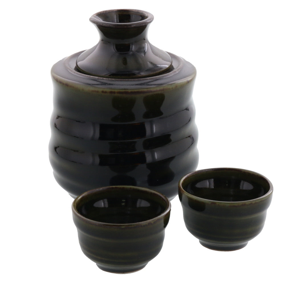 5 oz (150 cc) Sake Bottle (Tokkuri), Warmer and 2 Sake Cups with Gift Box - Olive Green
