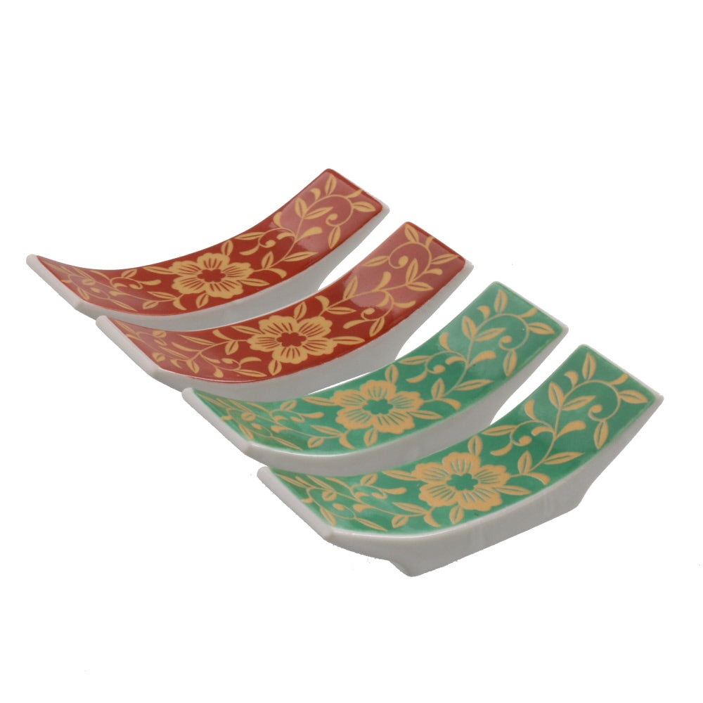 Chopstick Holders Beautiful Japanese Arabesque Design (Cutlery Rest) Set of 4 (2 Red & 2 Green) Flowers