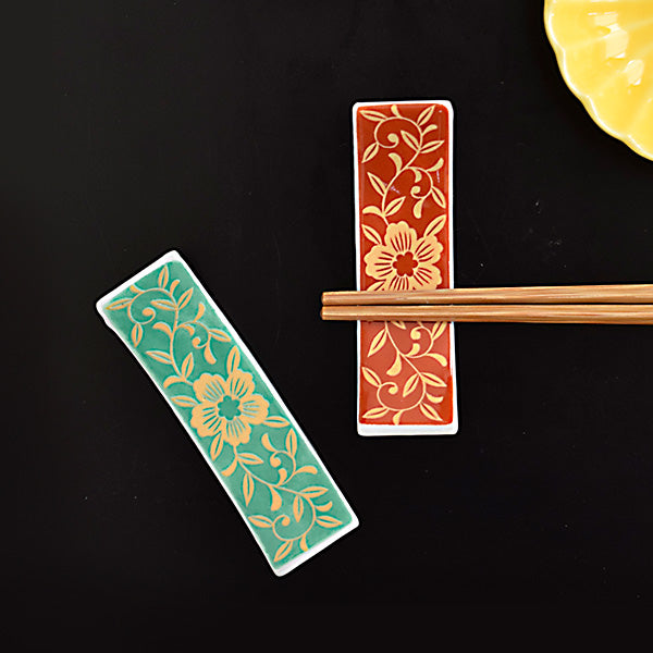 Chopstick Holders Beautiful Japanese Arabesque Design (Cutlery Rest) Set of 4 (2 Red & 2 Green) Flowers