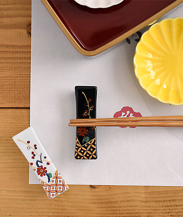 Chopstick Holders Beautiful Japanese Plum Design (Cutlery Rest) Set of 4 (2 White & 2 Black)
