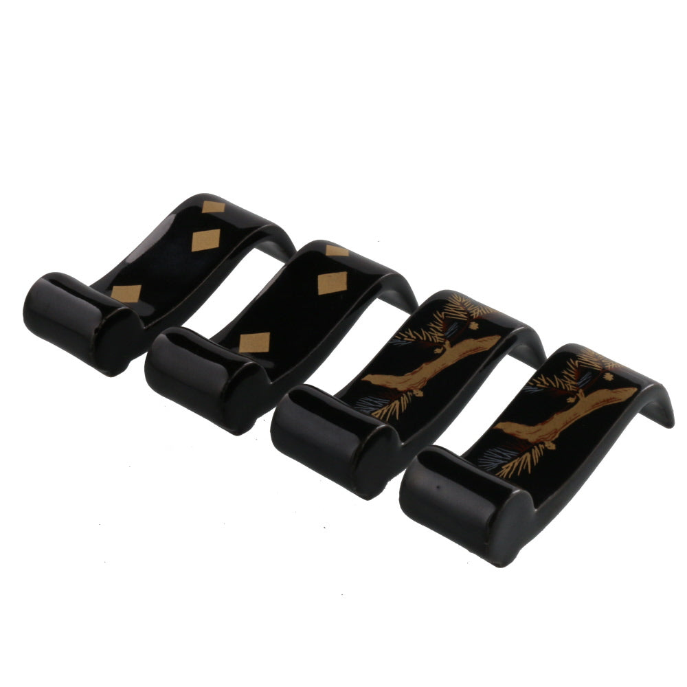 Chopstick Holders Luxurious Black with Gold (Cutlery Rest) Set of 4 (2 Diamond & 2 Japanese Black Pine Tree)