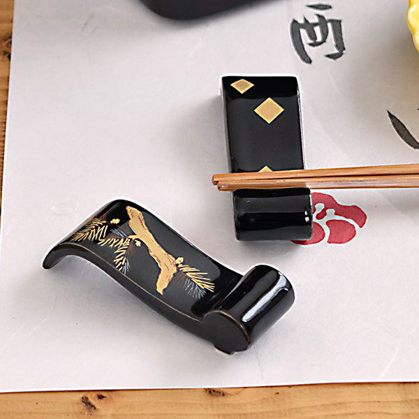 Chopstick Holders Luxurious Black with Gold (Cutlery Rest) Set of 4 (2 Diamond & 2 Japanese Black Pine Tree)