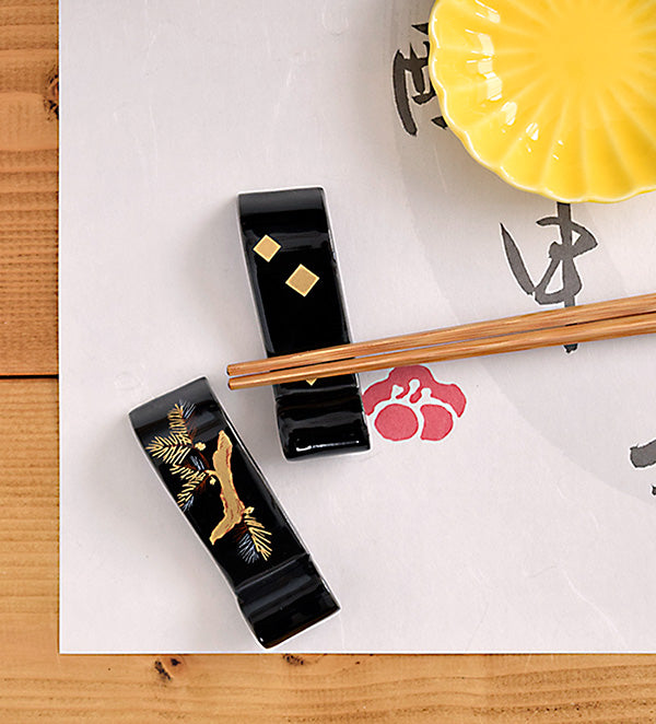 Chopstick Holders Luxurious Black with Gold (Cutlery Rest) Set of 4 (2 Diamond & 2 Japanese Black Pine Tree)