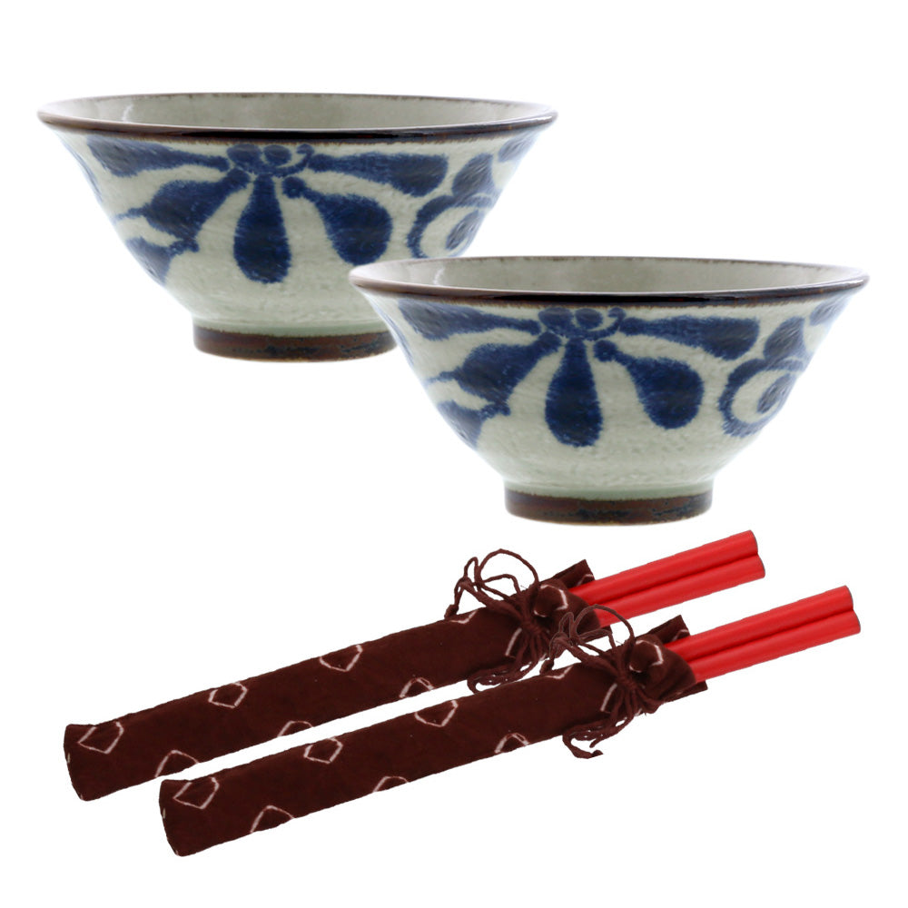 Ryukyukarakusa Rice Bowls with Chopsticks Set of 2 - Blue