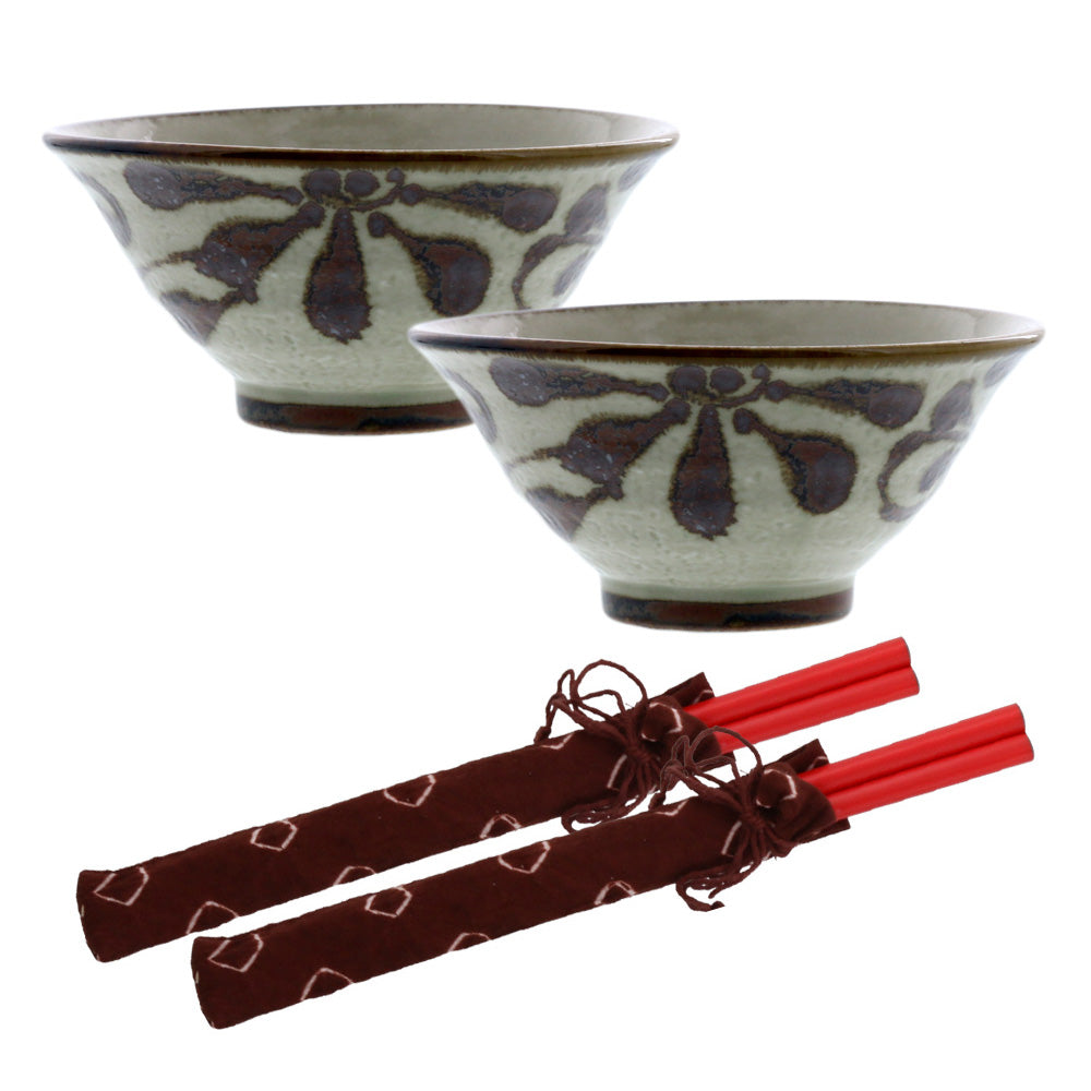 Ryukyukarakusa Rice Bowls with Chopsticks Set of 2 - Mahogany