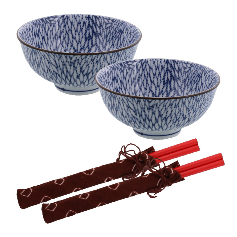 Nijimi Sometsuke Blue Rice Bowls with Chopsticks Set of 2 - Mujina Kiku
