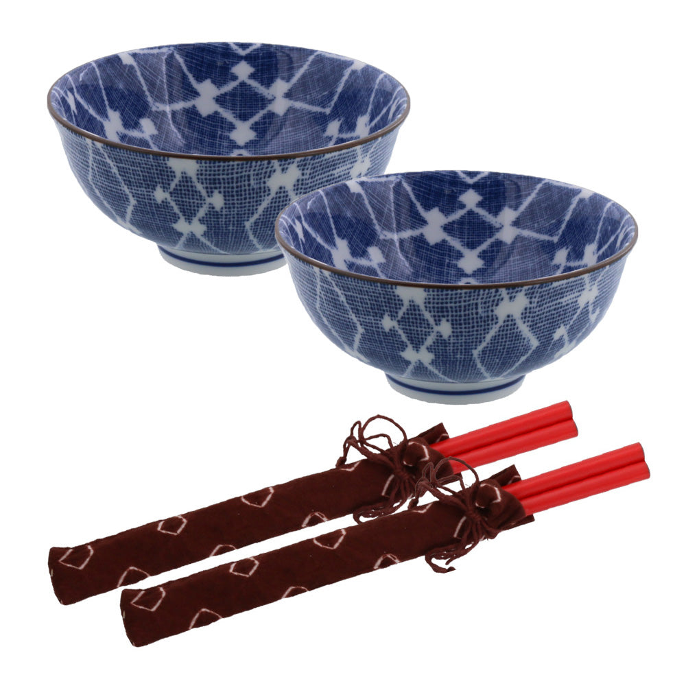 Nijimi Sometsuke Blue Rice Bowls with Chopsticks Set of 2 - Hishimon