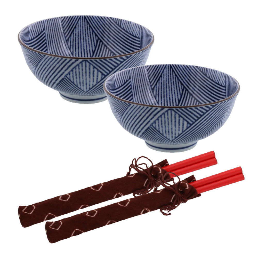 Nijimi Sometsuke Blue Rice Bowls with Chopsticks Set of 2 - Shimakoushi