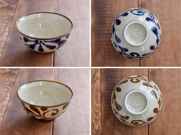 Ryukyukarakusa 6" Donburi Bowls with Chopsticks and Renge Soup Spoons Set of 2 - Blue