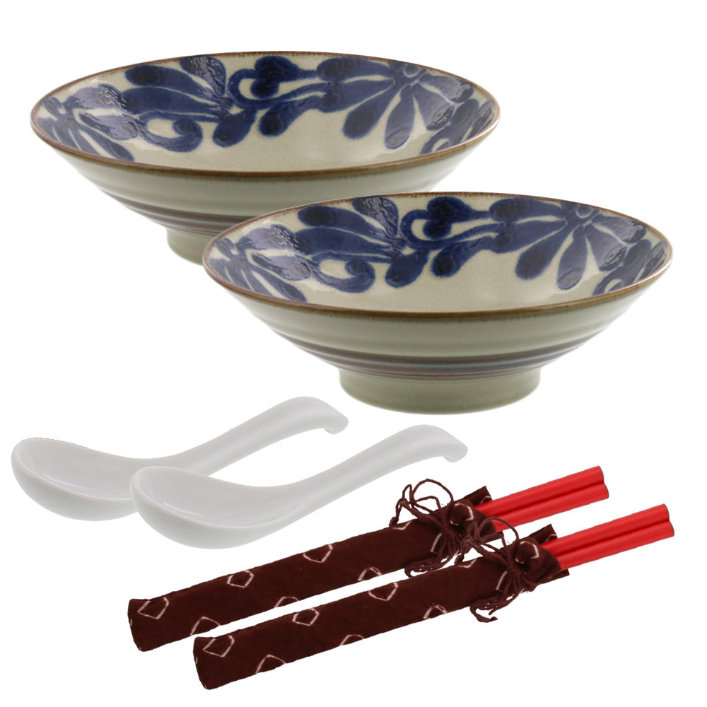 Ryukyukarakusa Wide and Shallow Noodle Bowls with Chopsticks and Soup Spoons Set of 2 - Blue