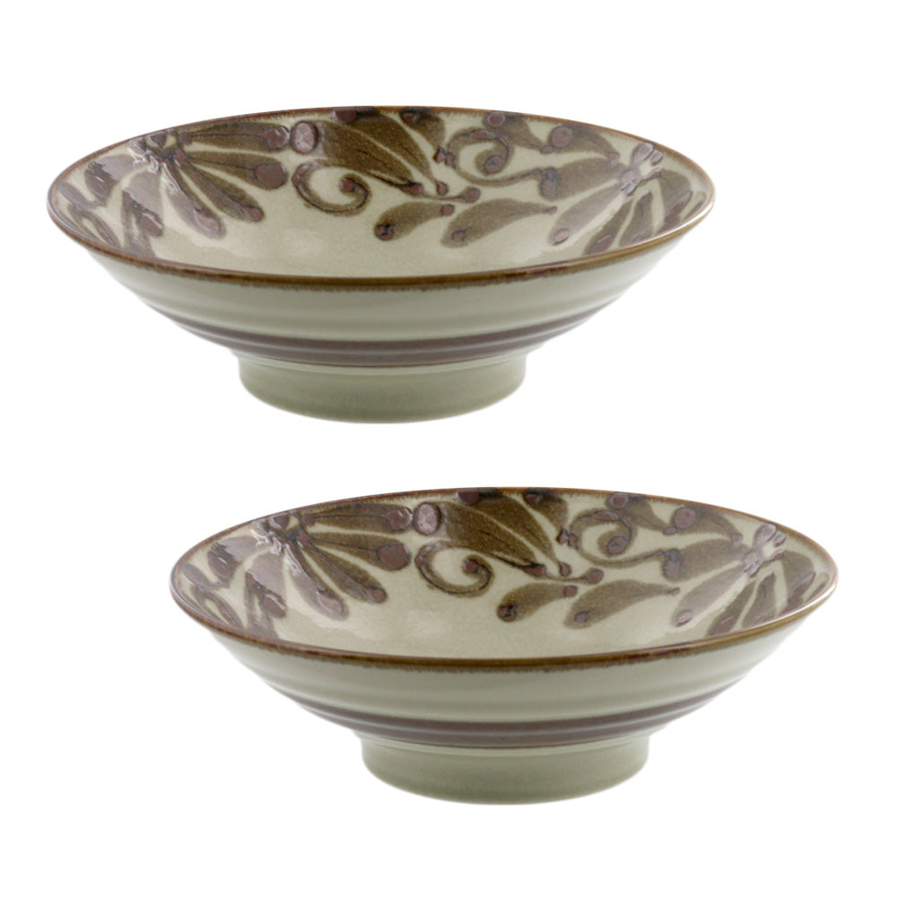 Ryukyukarakusa Wide and Shallow Noodle Bowls Set of 2 - Mahogany