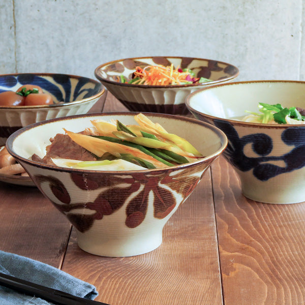 Ryukyukarakusa Trapezoidal Donburi Bowls with Chopsticks and Soup Spoons Set of 2 - Mahogany