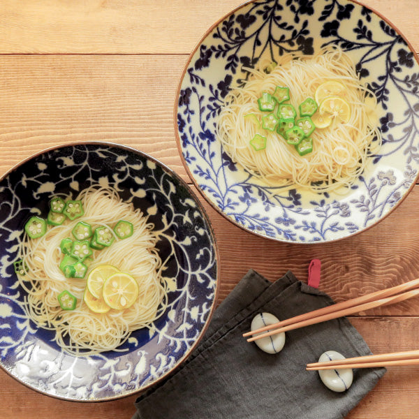 Wide and Shallow Floral Noodle Bowls Renge and Soup Spoons Set of 2 - Hanakarakusa