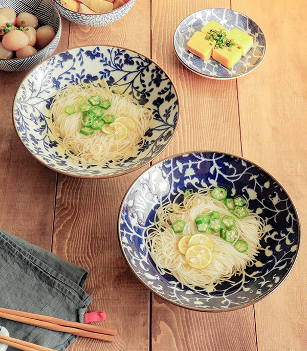 Wide and Shallow Floral Noodle Bowls Set of 2 - Hanakarakusa