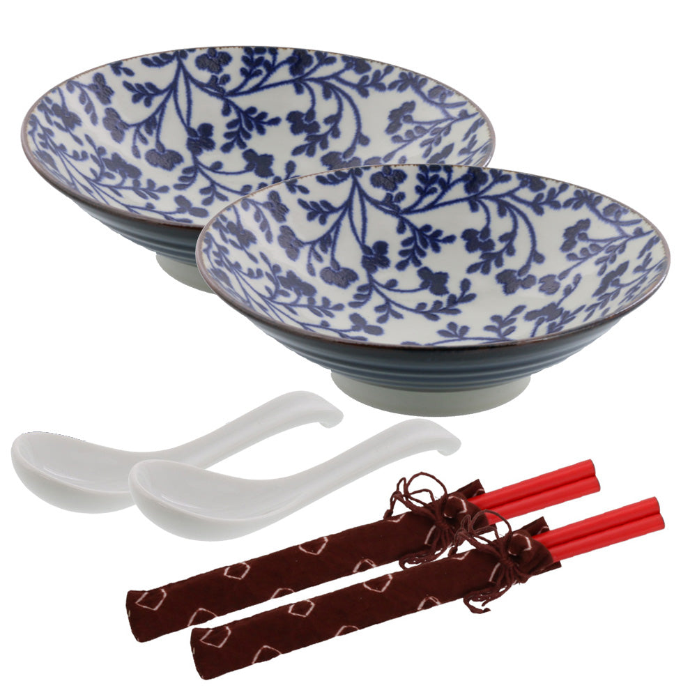 Wide and Shallow Floral Noodle Bowls Soup Spoons and Chopsticks Set of 2 - Kusabana