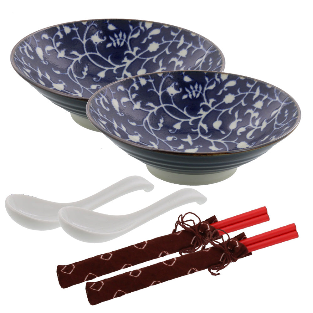 Wide and Shallow Floral Noodle Bowls Renge and Soup Spoons Set of 2 - Hanakarakusa