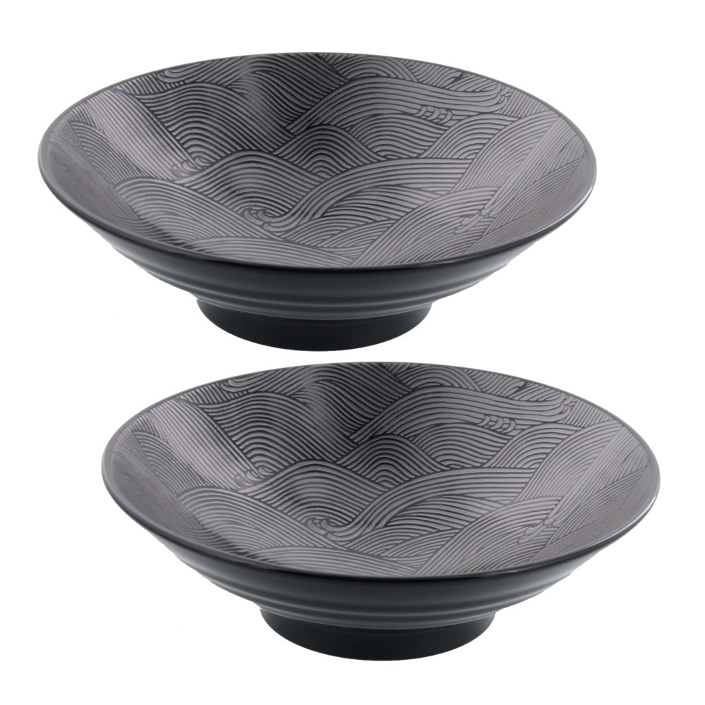 Kaiha Gindami Wide and Shallow Ocean Wave Noodle Bowls Set of 2 - Black