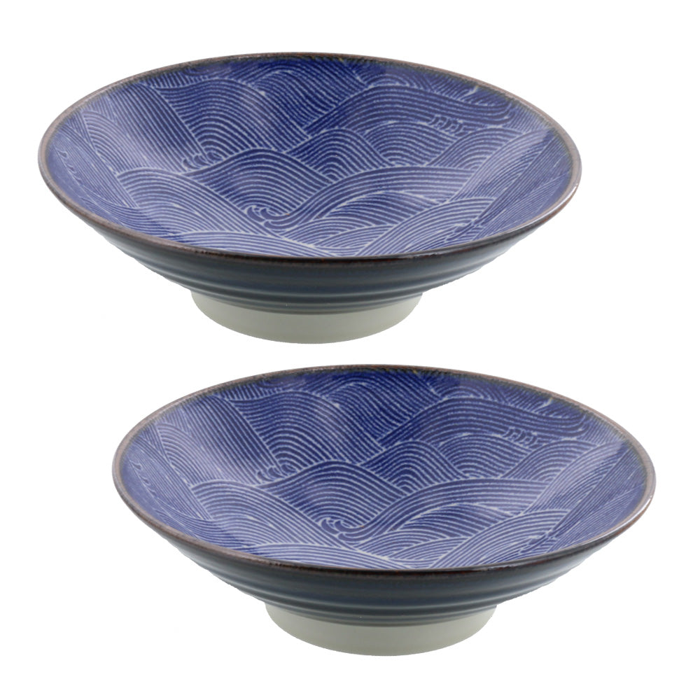 Kaiha Wide and Shallow Ocean Wave Noodle Bowls Set of 2 - Blue