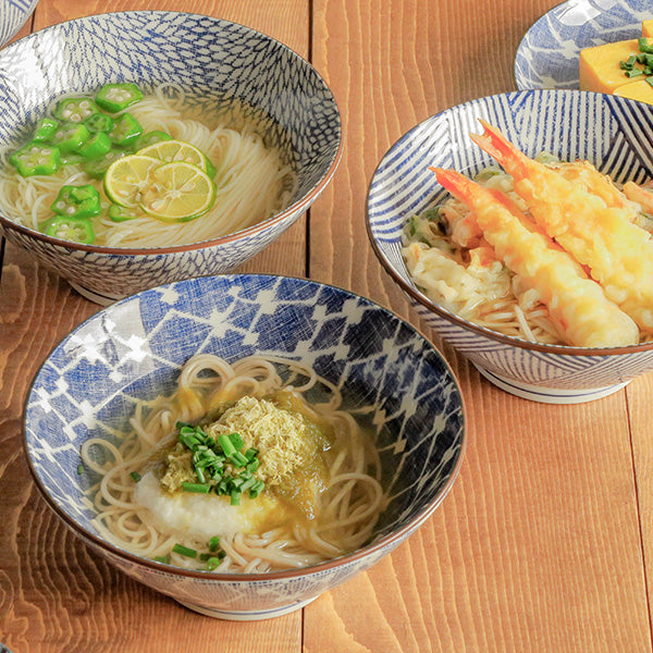 Nijimi Sometsuke Blue Trapezoidal Donburi Bowls with Chopsticks and Soup Spoons Set of 2 - Mujina Kiku