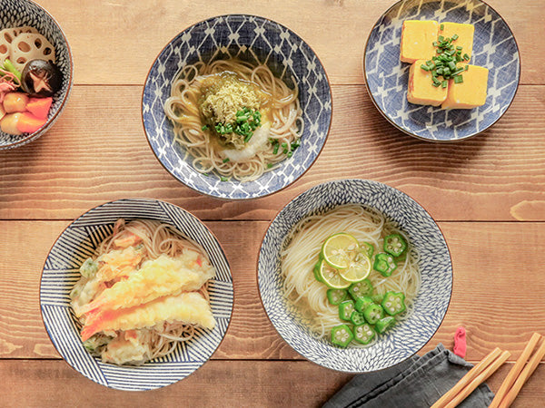 Nijimi Sometsuke Blue Trapezoidal Donburi Bowls with Chopsticks and Soup Spoons Set of 2 - Mujina Kiku
