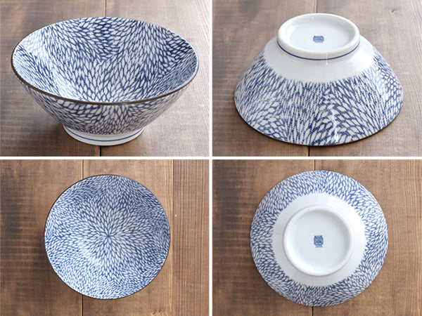 Nijimi Sometsuke Blue Trapezoidal Donburi Bowls with Chopsticks and Soup Spoons Set of 2 - Mujina Kiku