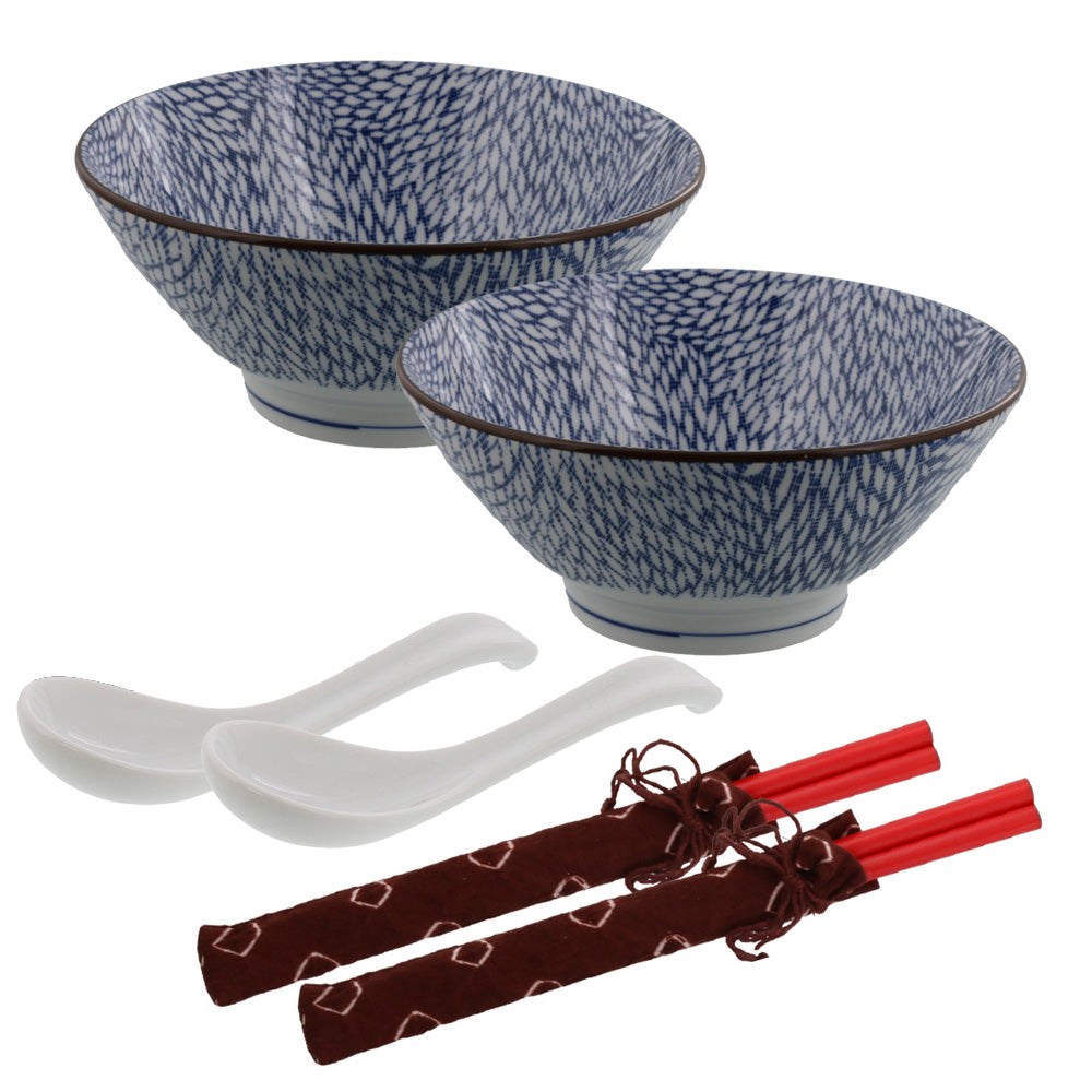 Nijimi Sometsuke Blue Trapezoidal Donburi Bowls with Chopsticks and Soup Spoons Set of 2 - Mujina Kiku