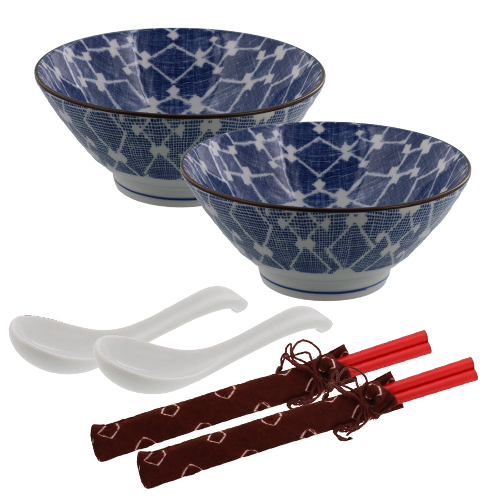 Nijimi Sometsuke Blue Trapezoidal Donburi Bowls Chopsticks and Soup Spoons Set of 2 - Hishimon