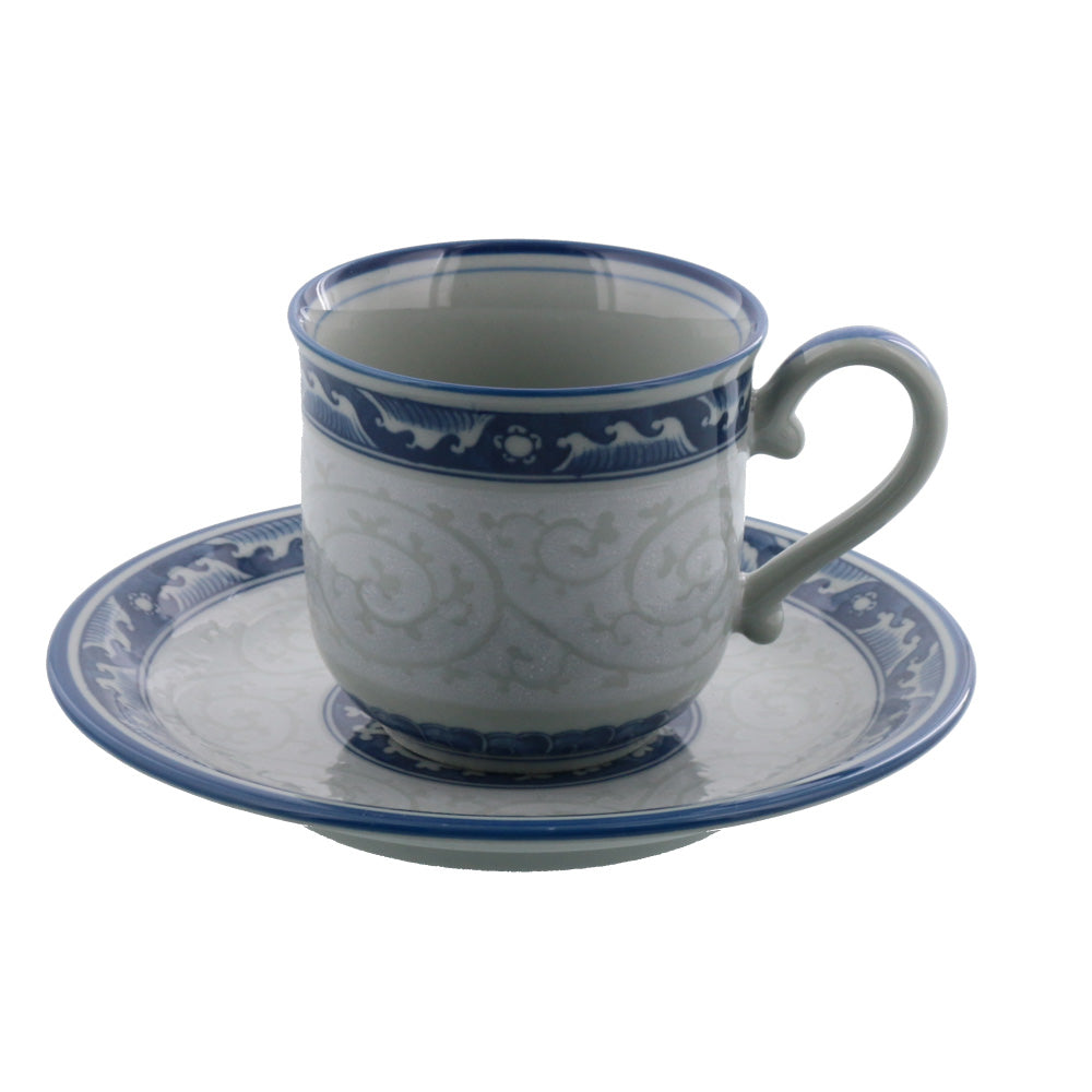 Karakusamon Blue and White Coffee Cup and Saucer Set of 2 - Ocean Waves