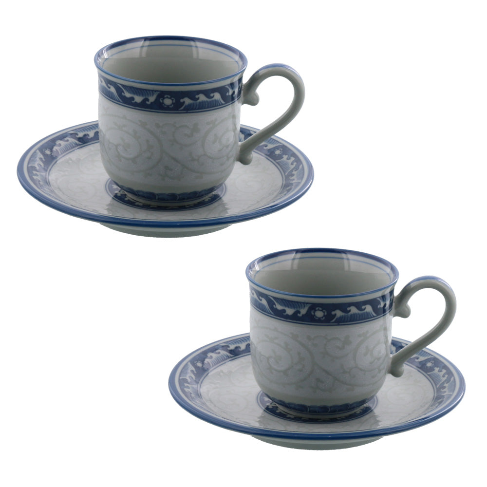 Karakusamon Blue and White Coffee Cup and Saucer Set of 2 - Ocean Waves