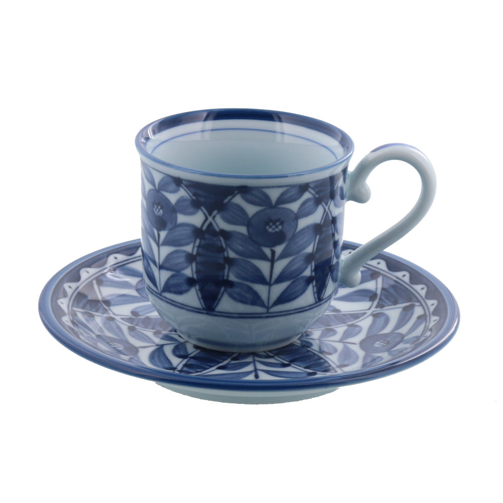 Blue and White Coffee Cup and Saucer Set of 2 - Flowers