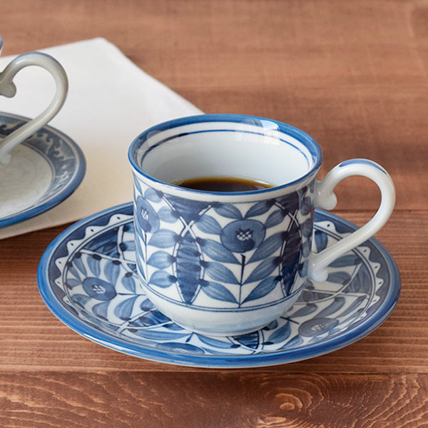 Pottery Cappuccino Cup and Saucer, Blue and White 