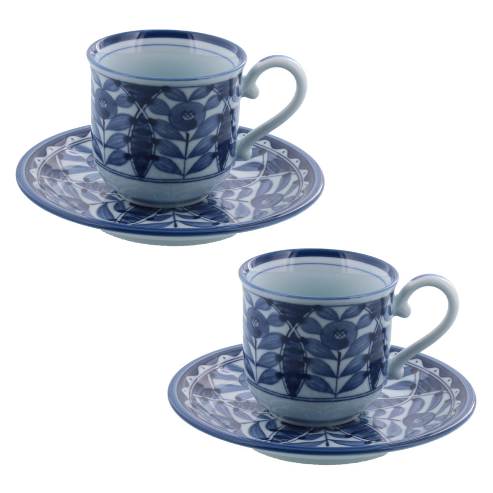 Blue and White Coffee Cup and Saucer Set of 2 - Flowers