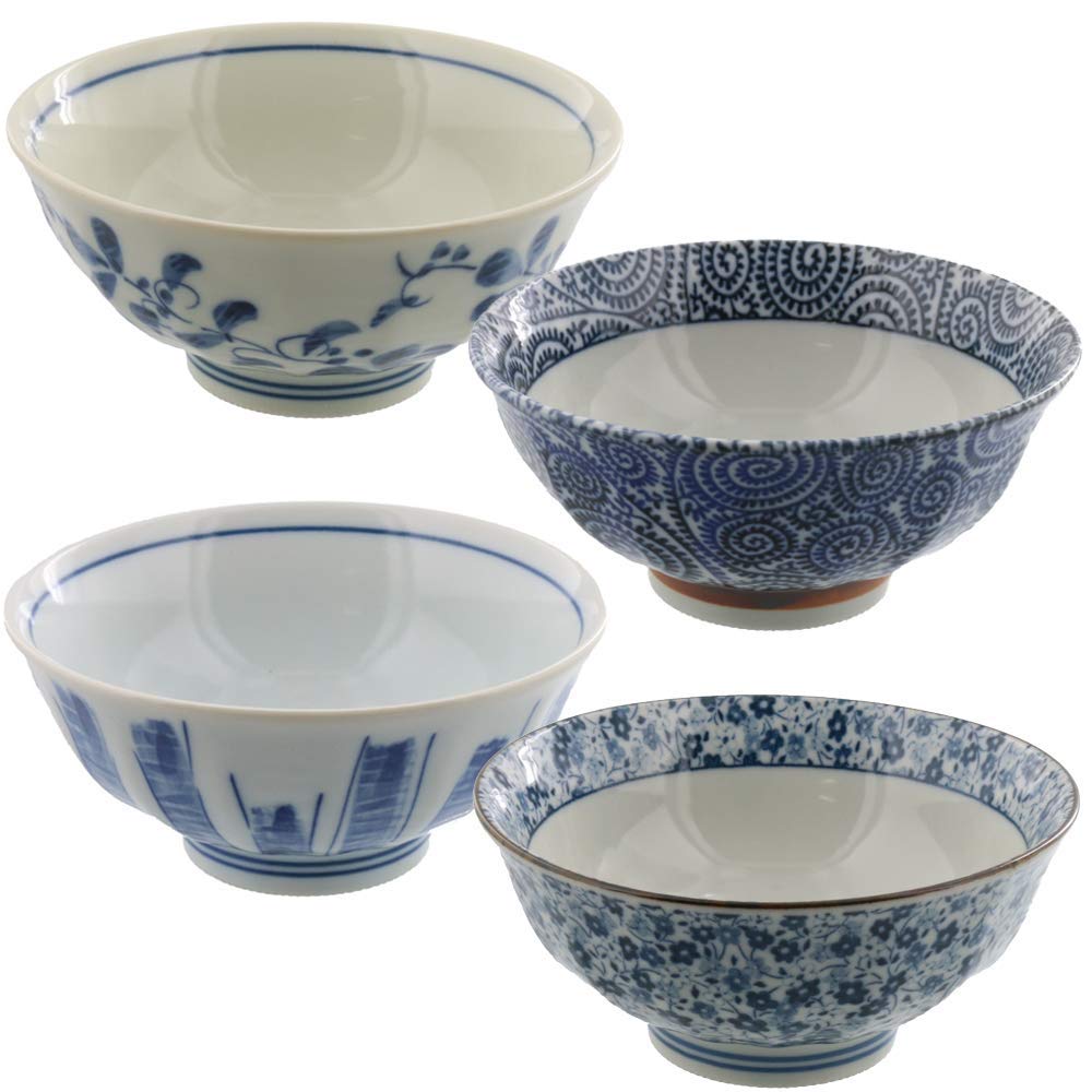Larger Rice Bowl Set of 4 Japanese Retro Design White x Blue