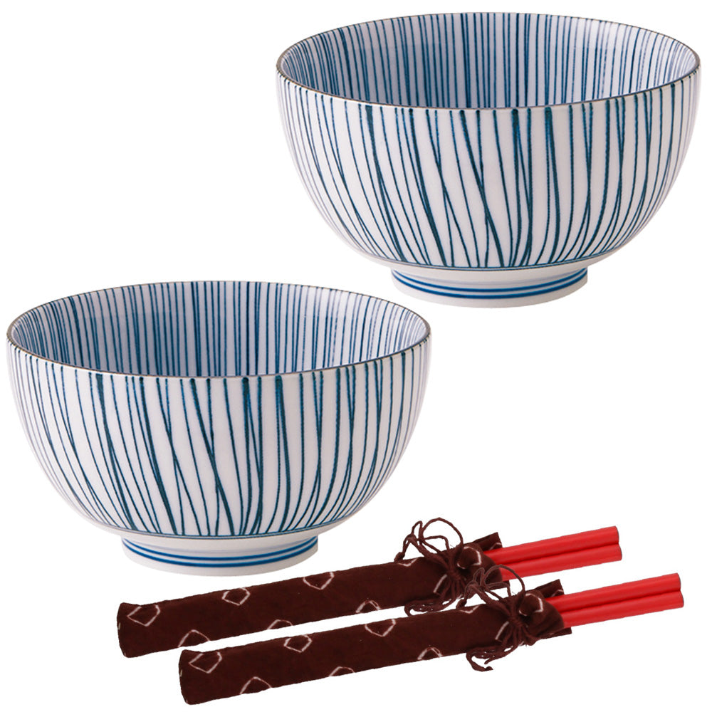 Blue Stripe Multi-Purpose Donburi Bowl with Chopsticks Set of 2