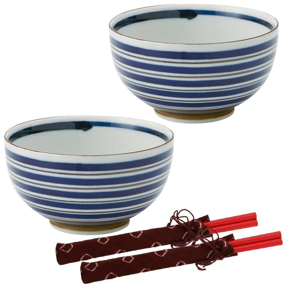 Blue and Brown Stripe Multi-Purpose Donburi Bowl with Chopsticks  Set of 2