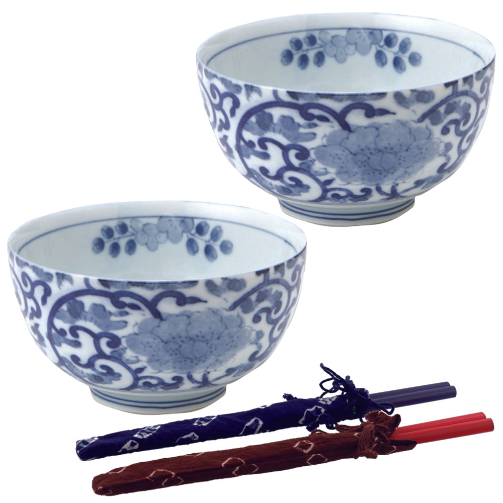 Aizome-Karakusa Multi-Purpose Donburi Bowl with Chopsticks Set of 2