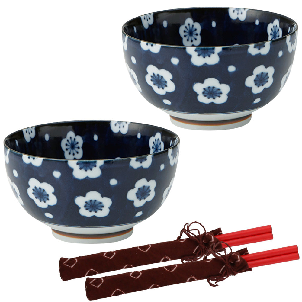 Dark Blue Multi-Purpose Donburi Bowl with Chopsticks Set of 2 - Plum