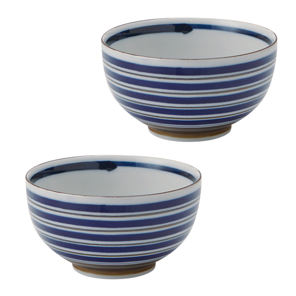 Blue and Brown Stripe Multi-Purpose Donburi Bowl Set of 2
