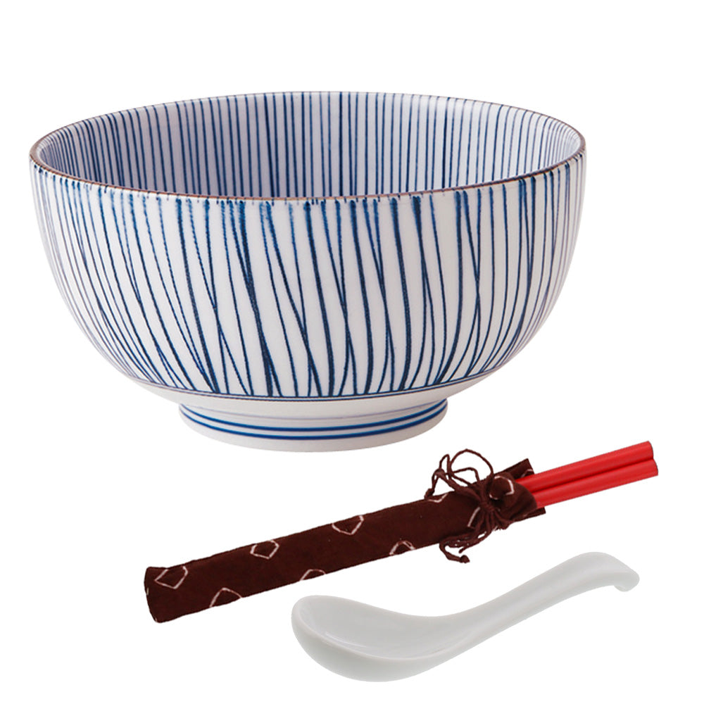 Blue Stripe Multi-Purpose Donburi Bowl with Chopsticks and Soup Spoon - Large